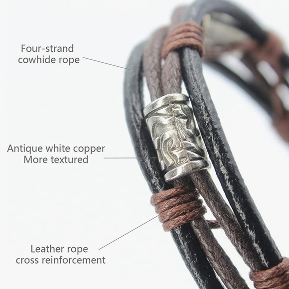 Vintage Leather Wrist Cuff Bangle, Black-brown Leather Bracelet - Picture 3 of 6